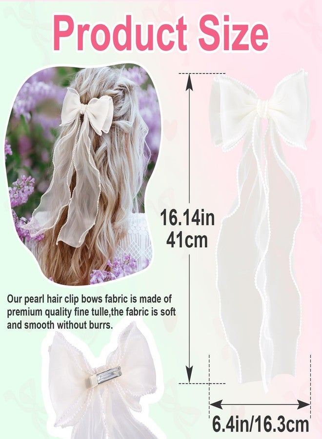 STSTR 2pcs Hair Bow Clips for Women, Silk Yarn Pearl Long Tail Bow Barrette, Elegant French Bowknot Hair Accessories for Parties, Weddings, Festivals (White) - Image 2